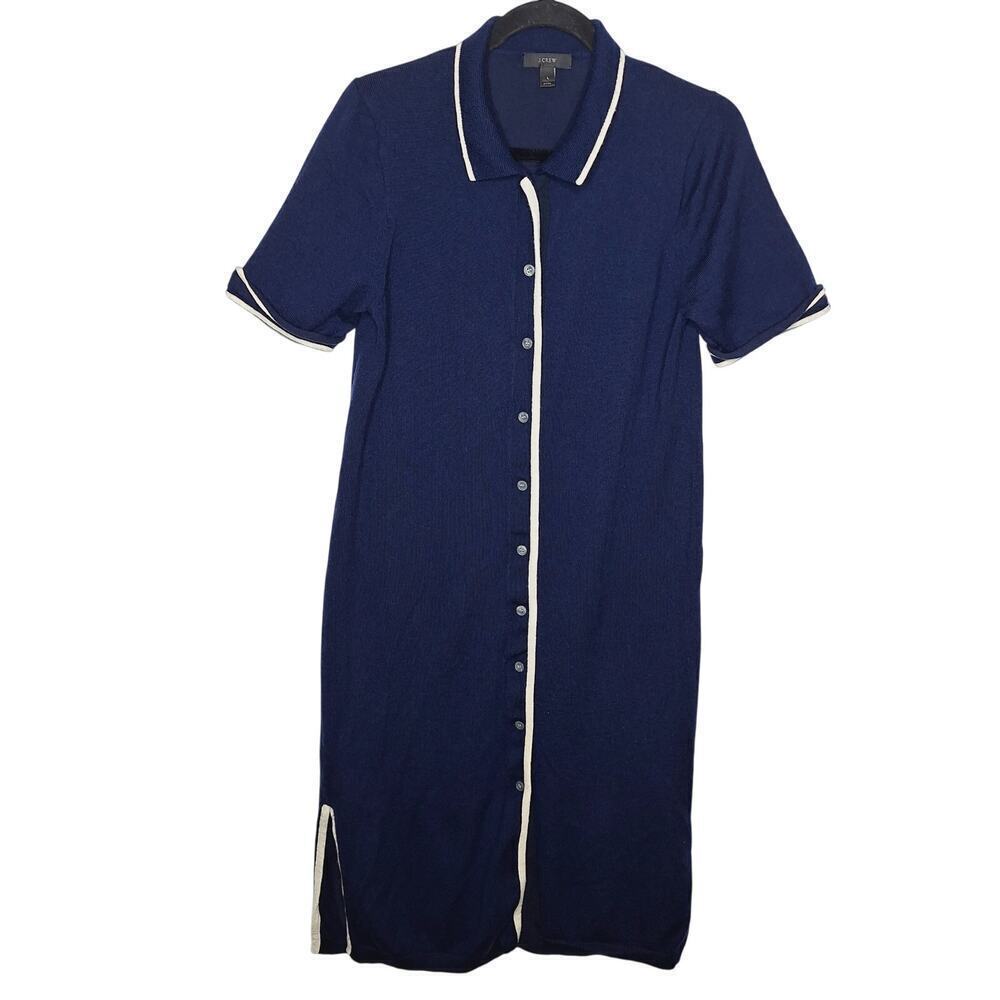 J. Crew Merino Wool Sweater Dress Midi Knit Navy Button Front L Collared Preppy